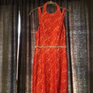 Jodi Kristopher Red Lace Gown with Trim